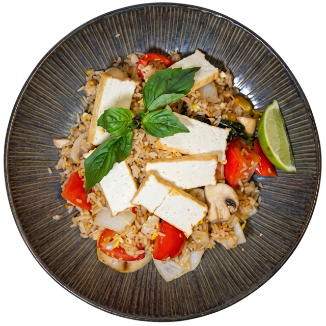 Sweet Basil Chicken stir-fry with mushrooms, peppers and fresh basil